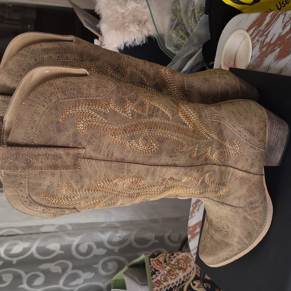 Western Cowgirl  Chunky Heel Mid Calf Snip Toe Vintage Tan Cowboy Boots 9.5 - Picture 10 of 14